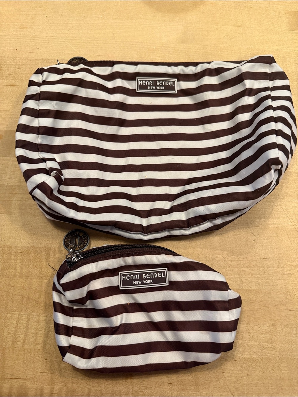 Henri Bendel Brown and White Striped Cosmetic Pouch Set